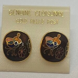 Vintage Cloisonne Earrings Butterfly Floral Stud Earrings Gold Filled Post